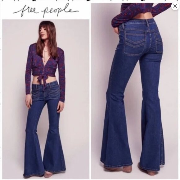 Free People Pants - Free People Stella Super Flare Low/Mid Rise Stretch Jeans*Cut Raw Hem Women's 28